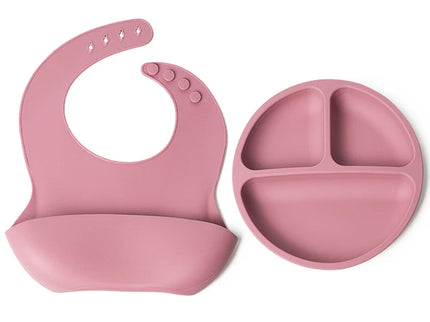 Set bavetica si farfurie din silicon – Pink, 6 luni+