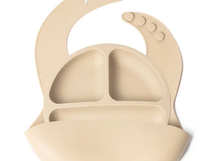 Set bavetica si farfurie din silicon – Beige, 6 luni+