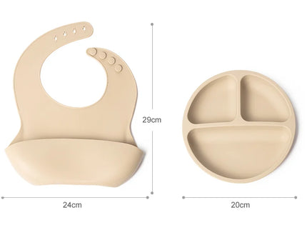 Set bavetica si farfurie din silicon – Beige, 6 luni+