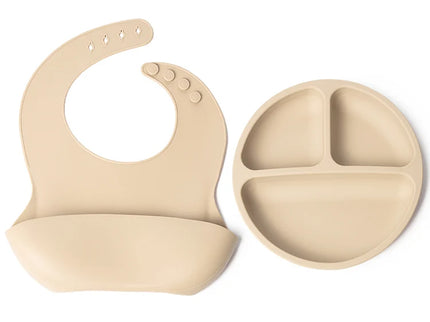 Set bavetica si farfurie din silicon – Beige, 6 luni+