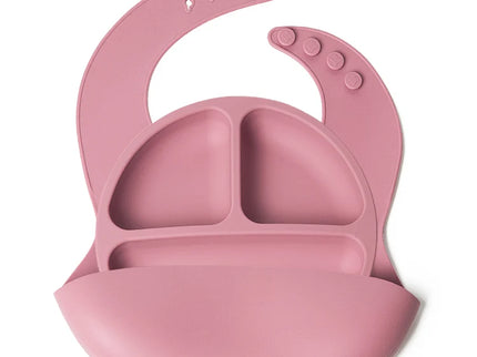 Set bavetica si farfurie din silicon – Pink, 6 luni+