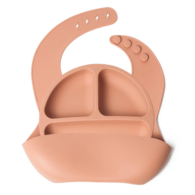 Set bavetica si farfurie din silicon – Salmon, 6 luni+