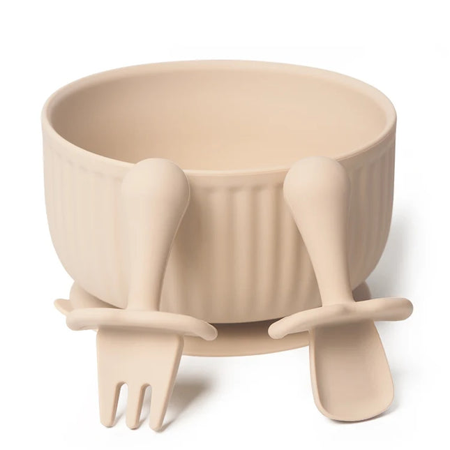 Set bol mancare bebelusi si tacamuri - Beige, silicon, 6 luni +