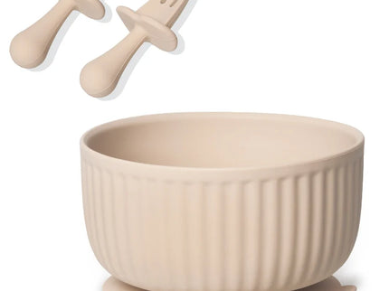 Set bol mancare bebelusi si tacamuri - Beige, silicon, 6 luni +