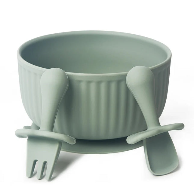 Set bol mancare bebelusi si tacamuri - Green, silicon, 6 luni +