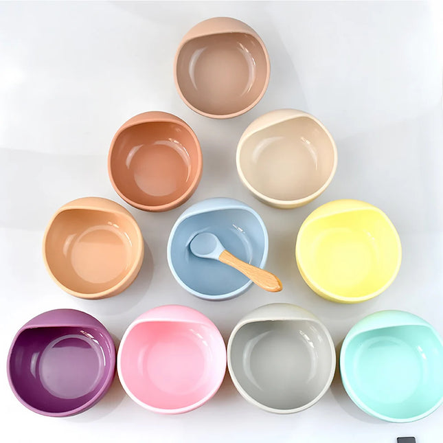 Set diversificare bebelusi  din silicon (bol si lingurita cu maner din lemn)  – Dusty Blue, 6 luni +