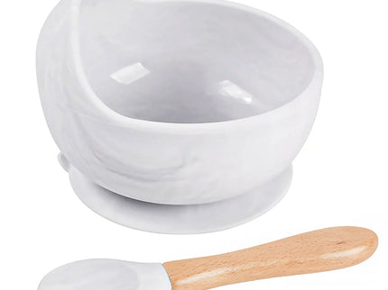 Set diversificare bebelusi  din silicon (bol si lingurita cu maner din lemn) – Marble , 6 luni +