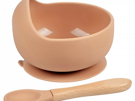 Set diversificare bebelusi  din silicon (bol si lingurita cu maner din lemn) – Beige, 6 luni +