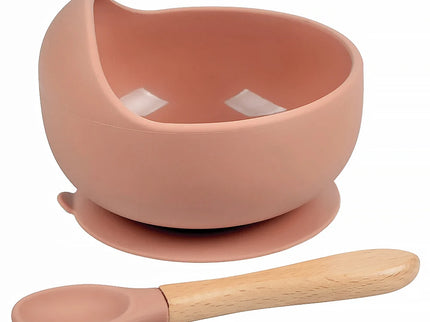Set diversificare bebelusi din silicon (bol si lingurita cu maner din lemn) – Terracotta, 6 luni +
