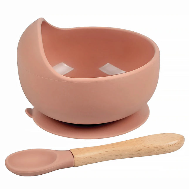 Set diversificare bebelusi din silicon (bol si lingurita cu maner din lemn) – Terracotta, 6 luni +