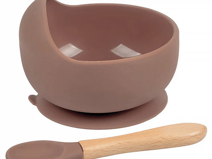 Set diversificare bebelusi  din silicon (bol si lingurita cu maner din lemn) – Brown, 6 luni +