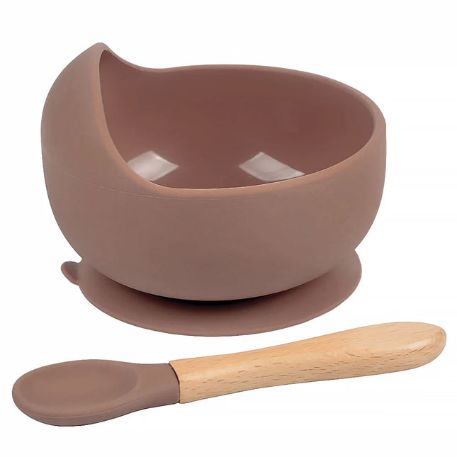 Set diversificare bebelusi  din silicon (bol si lingurita cu maner din lemn) – Brown, 6 luni +