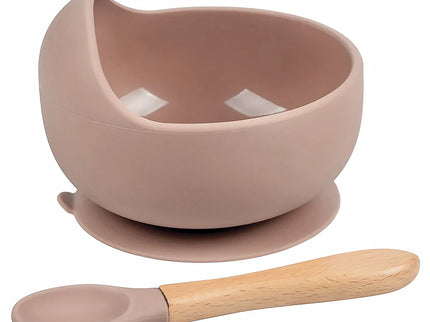 Set diversificare bebelusi din silicon (bol si lingurita cu maner din lemn) – Walnut, 6 luni +