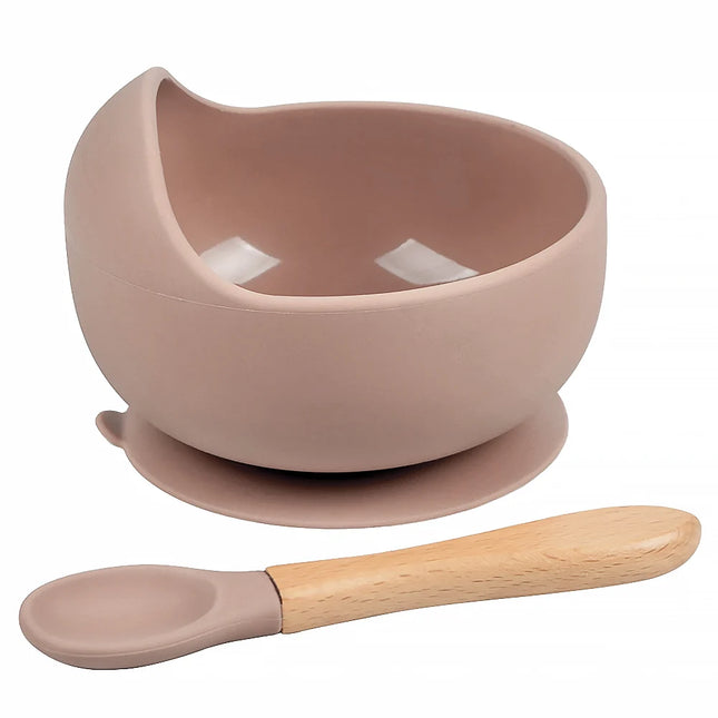 Set diversificare bebelusi din silicon (bol si lingurita cu maner din lemn) – Walnut, 6 luni +