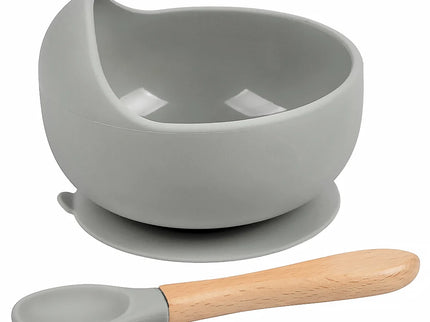 Set diversificare bebelusi  din silicon (bol si lingurita cu maner din lemn) – Light Grey, 6 luni +