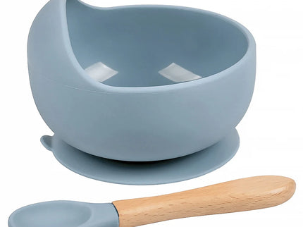 Set diversificare bebelusi  din silicon (bol si lingurita cu maner din lemn)  – Dusty Blue, 6 luni +