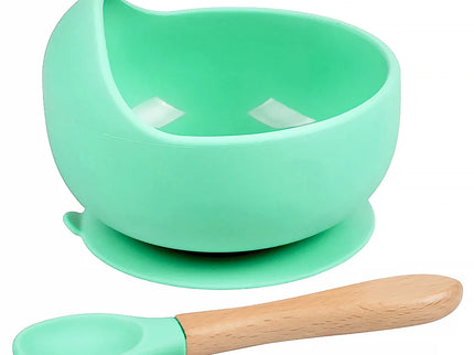 Set diversificare bebelusi  din silicon (bol si lingurita cu maner din lemn) – Mint, 6 luni +