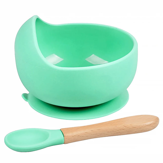 Set diversificare bebelusi  din silicon (bol si lingurita cu maner din lemn) – Mint, 6 luni +