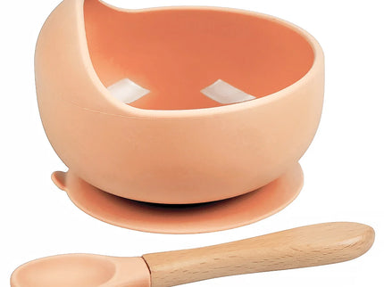 Set diversificare bebelusi din silicon (bol si lingurita cu maner din lemn) – Peach , 6 luni +