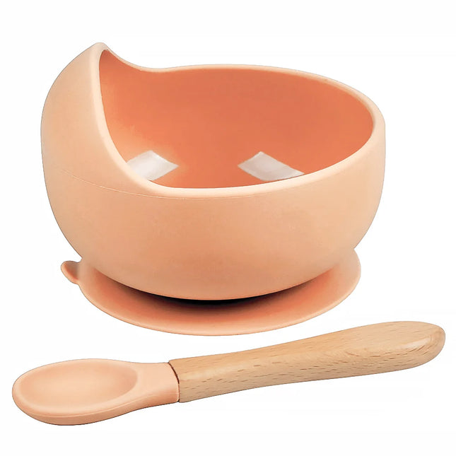 Set diversificare bebelusi din silicon (bol si lingurita cu maner din lemn) – Peach , 6 luni +