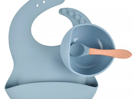 Set diversificare bebelusi (baveta, bol și linguriță) – Dusty Blue, 6 luni+, silicon