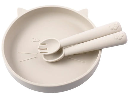 Set diversificare bebelusi, farfurie si tacamuri din silicon - Beige, 6 luni+
