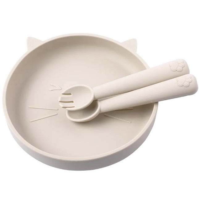 Set diversificare bebelusi, farfurie si tacamuri din silicon - Beige, 6 luni+
