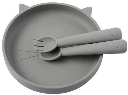 Set diversificare bebelusi, farfurie si tacamuri din silicon - Grey, 6 luni+