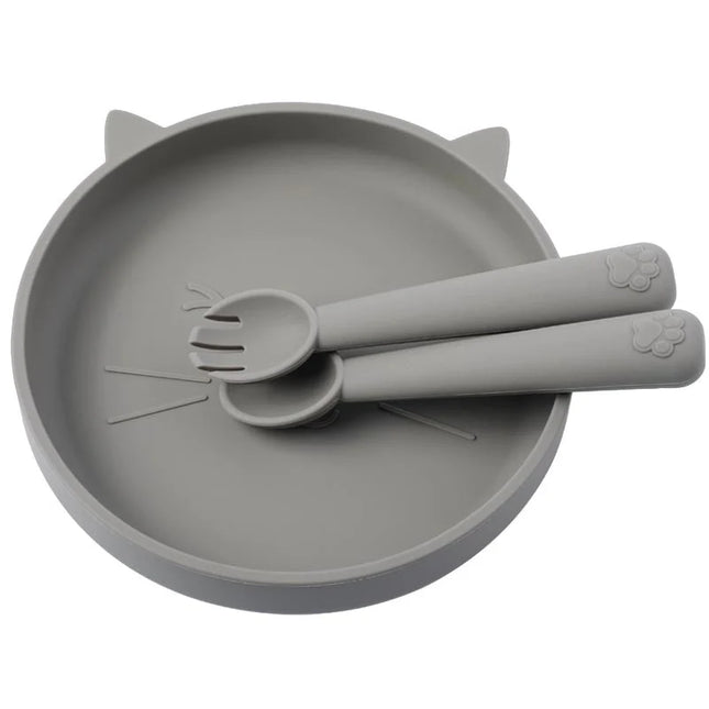 Set diversificare bebelusi, farfurie si tacamuri din silicon - Grey, 6 luni+