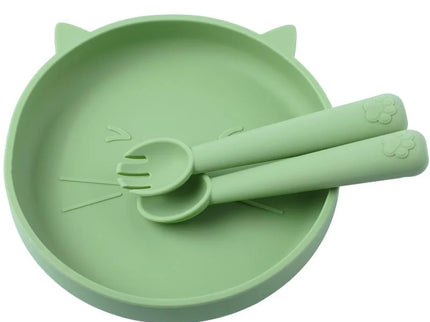 Set diversificare bebelusi, farfurie si tacamuri din silicon - Green, 6 luni+