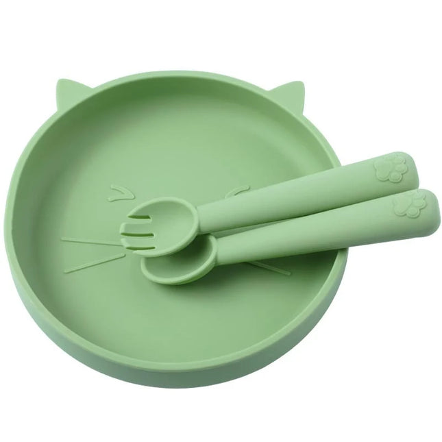 Set diversificare bebelusi, farfurie si tacamuri din silicon - Green, 6 luni+