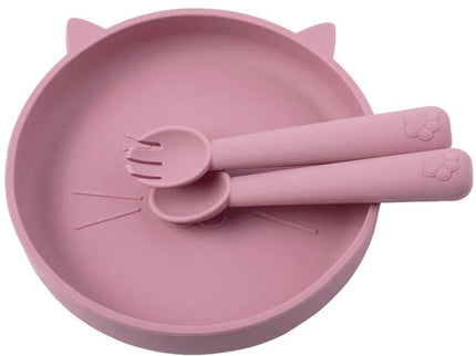 Set diversificare bebelusi, farfurie si tacamuri din silicon - Dark Pink, 6 luni+