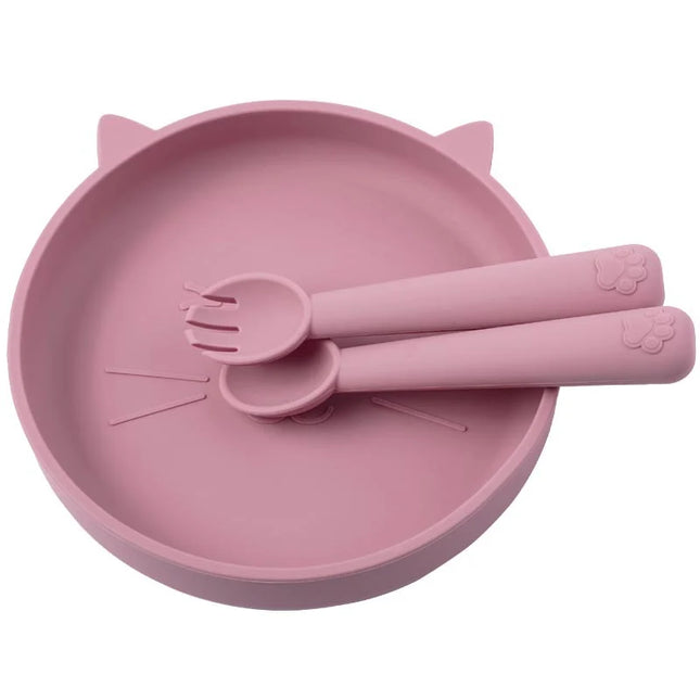 Set diversificare bebelusi, farfurie si tacamuri din silicon - Dark Pink, 6 luni+