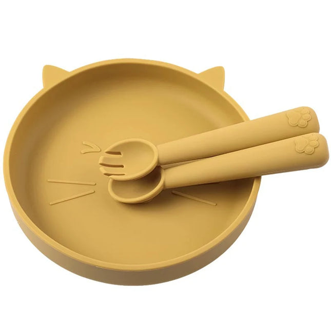 Set diversificare bebelusi, farfurie si tacamuri din silicon - Mustard, 6 luni+