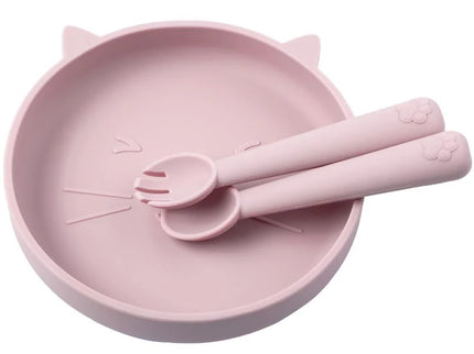 Set diversificare bebelusi, farfurie si tacamuri din silicon - Pink, 6 luni+