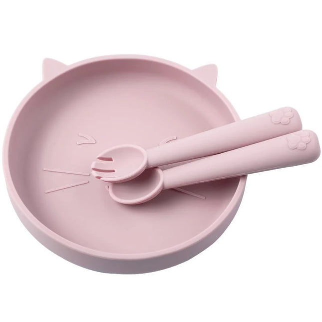 Set diversificare bebelusi, farfurie si tacamuri din silicon - Pink, 6 luni+