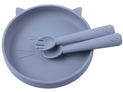 Set diversificare bebelusi, farfurie si tacamuri din silicon - Steel Blue, 6 luni+