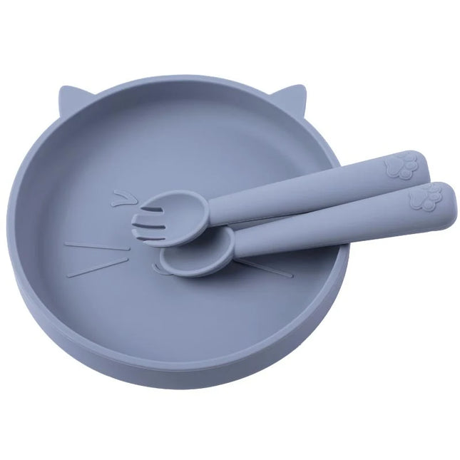Set diversificare bebelusi, farfurie si tacamuri din silicon - Steel Blue, 6 luni+