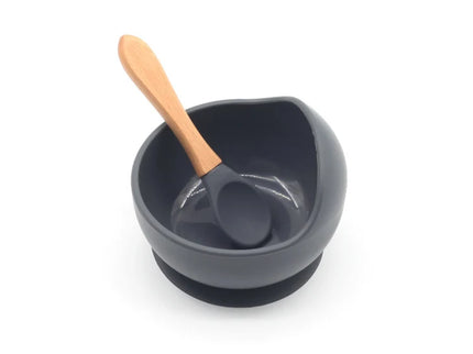 Set diversificare bebelusi  din silicon (bol si lingurita cu maner din lemn)  – Dark Gray, 6 luni +
