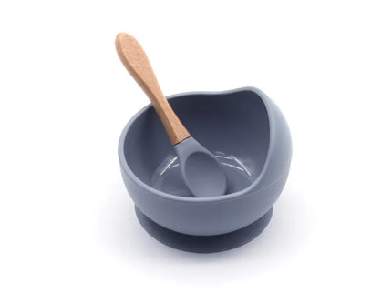 Set diversificare bebelusi  din silicon (bol si lingurita cu maner din lemn)  – Gray, 6 luni +