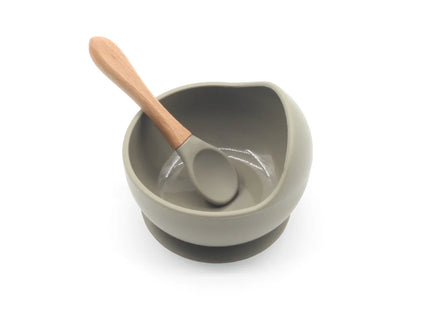 Set diversificare bebelusi  din silicon (bol si lingurita cu maner din lemn)  – Olive, 6 luni +