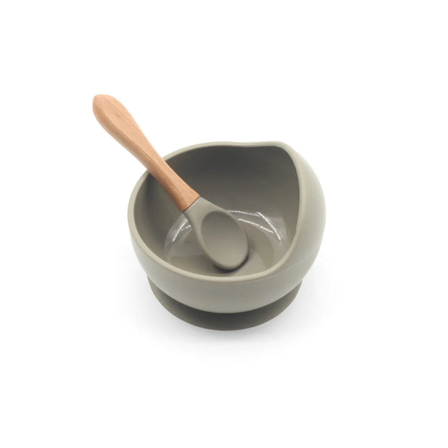 Set diversificare bebelusi  din silicon (bol si lingurita cu maner din lemn)  – Olive, 6 luni +