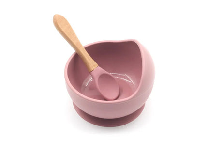 Set diversificare bebelusi  din silicon (bol si lingurita cu maner din lemn)  – Rose Pink, 6 luni +