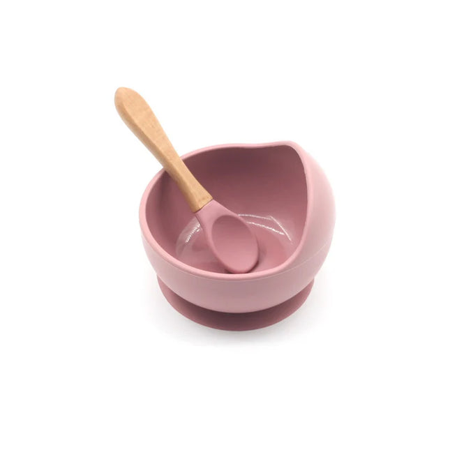 Set diversificare bebelusi  din silicon (bol si lingurita cu maner din lemn)  – Rose Pink, 6 luni +