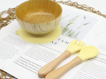 Set diversificare bol si tacamuri din lemn – Cream Yellow, 6 luni+
