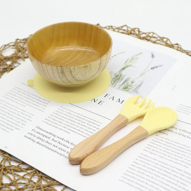 Set diversificare bol si tacamuri din lemn – Cream Yellow, 6 luni+