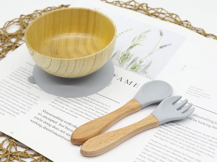 Set diversificare bol si tacamuri din lemn – Light Grey, 6 luni+