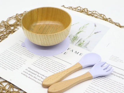 Set diversificare bol si tacamuri din lemn – Light Purple, 6 luni+