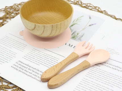 Set diversificare bol si tacamuri din lemn – Peach, 6 luni+
