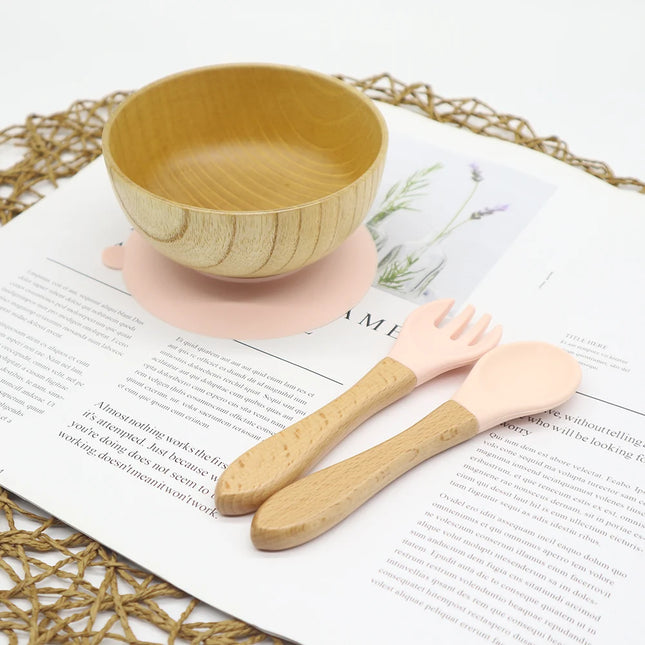 Set diversificare bol si tacamuri din lemn – Peach, 6 luni+